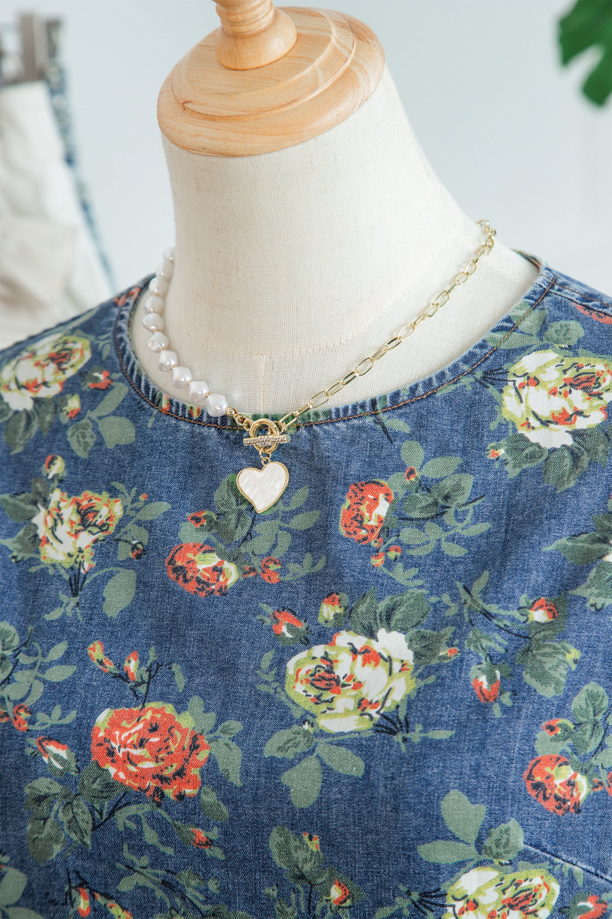 Lightweight Floral Denim Top with Ruffled Sleeves
