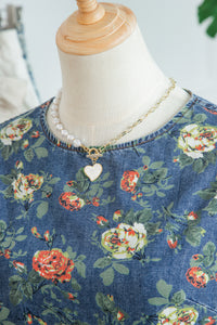Lightweight Floral Denim Top with Ruffled Sleeves