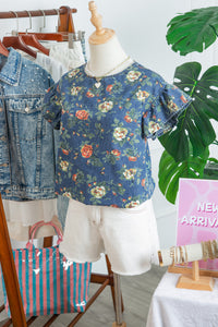 Lightweight Floral Denim Top with Ruffled Sleeves