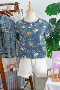 Lightweight Floral Denim Top with Ruffled Sleeves