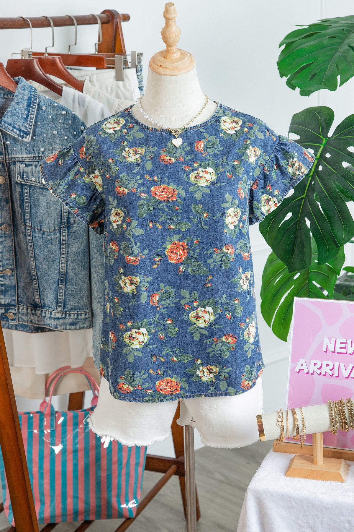 Lightweight Floral Denim Top with Ruffled Sleeves