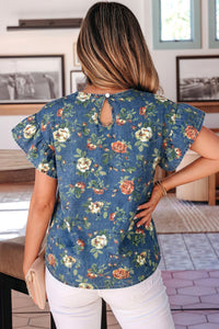 Lightweight Floral Denim Top with Ruffled Sleeves