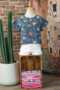 Lightweight Floral Denim Top with Ruffled Sleeves