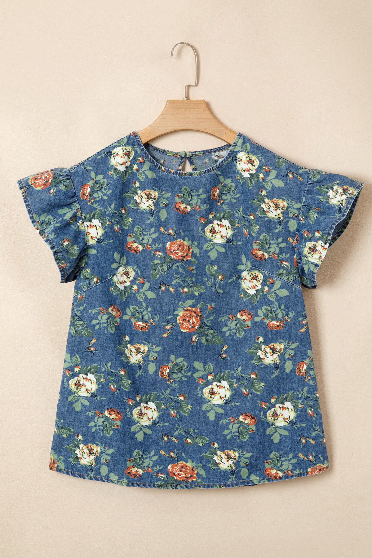 Lightweight Floral Denim Top with Ruffled Sleeves
