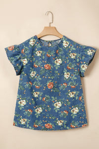Lightweight Floral Denim Top with Ruffled Sleeves