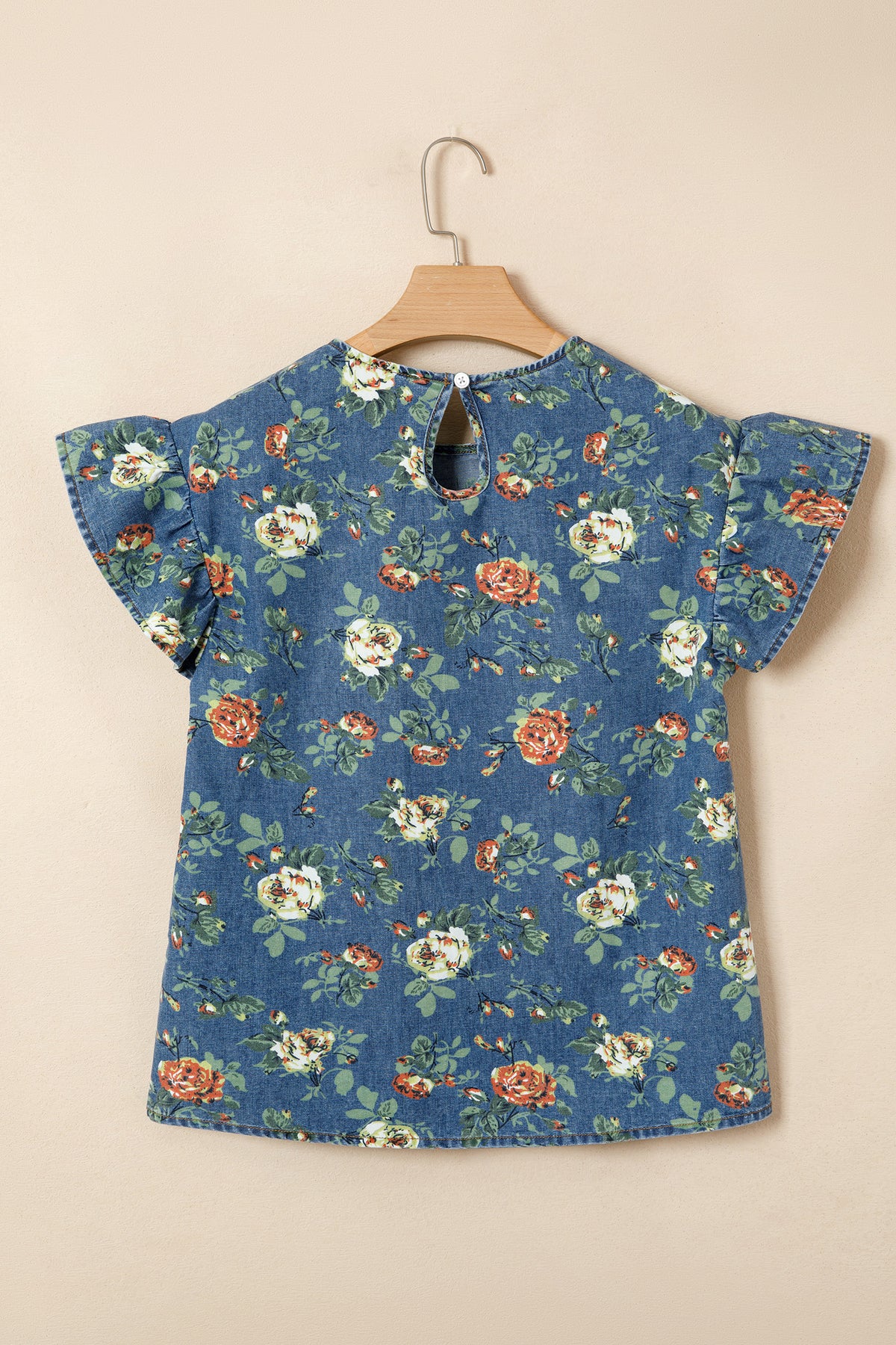 Lightweight Floral Denim Top with Ruffled Sleeves