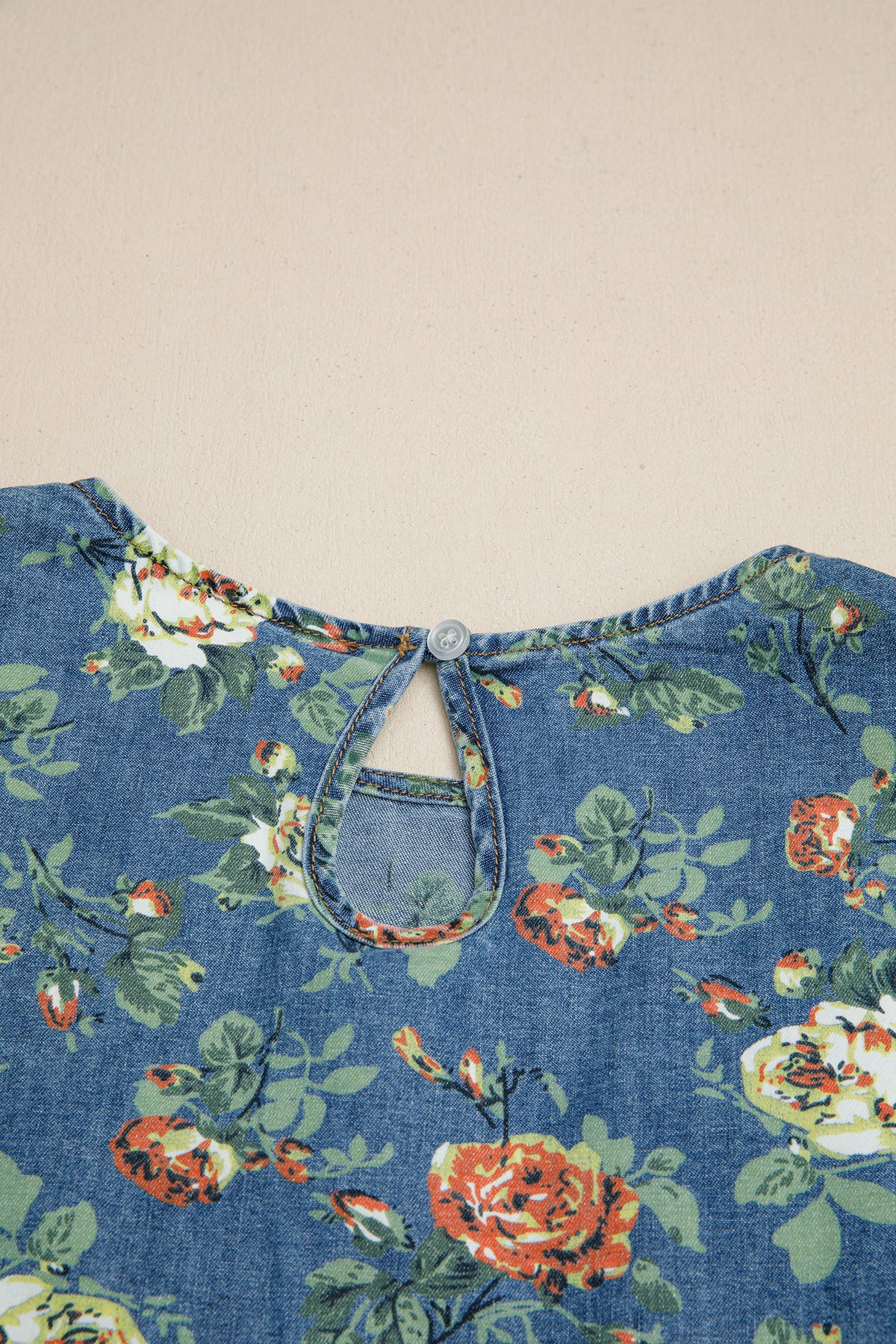 Lightweight Floral Denim Top with Ruffled Sleeves