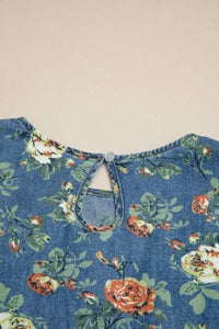 Lightweight Floral Denim Top with Ruffled Sleeves