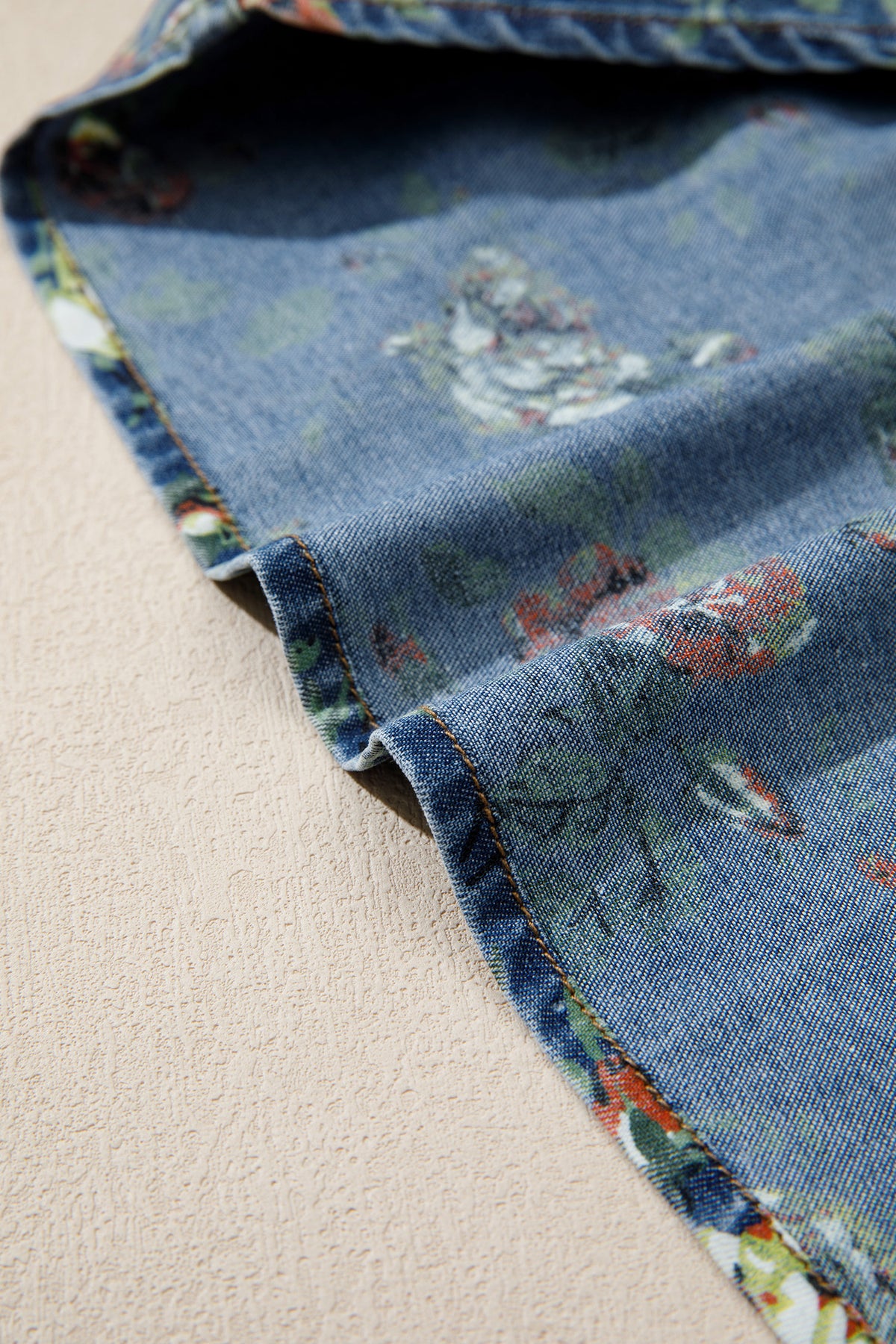 Lightweight Floral Denim Top with Ruffled Sleeves