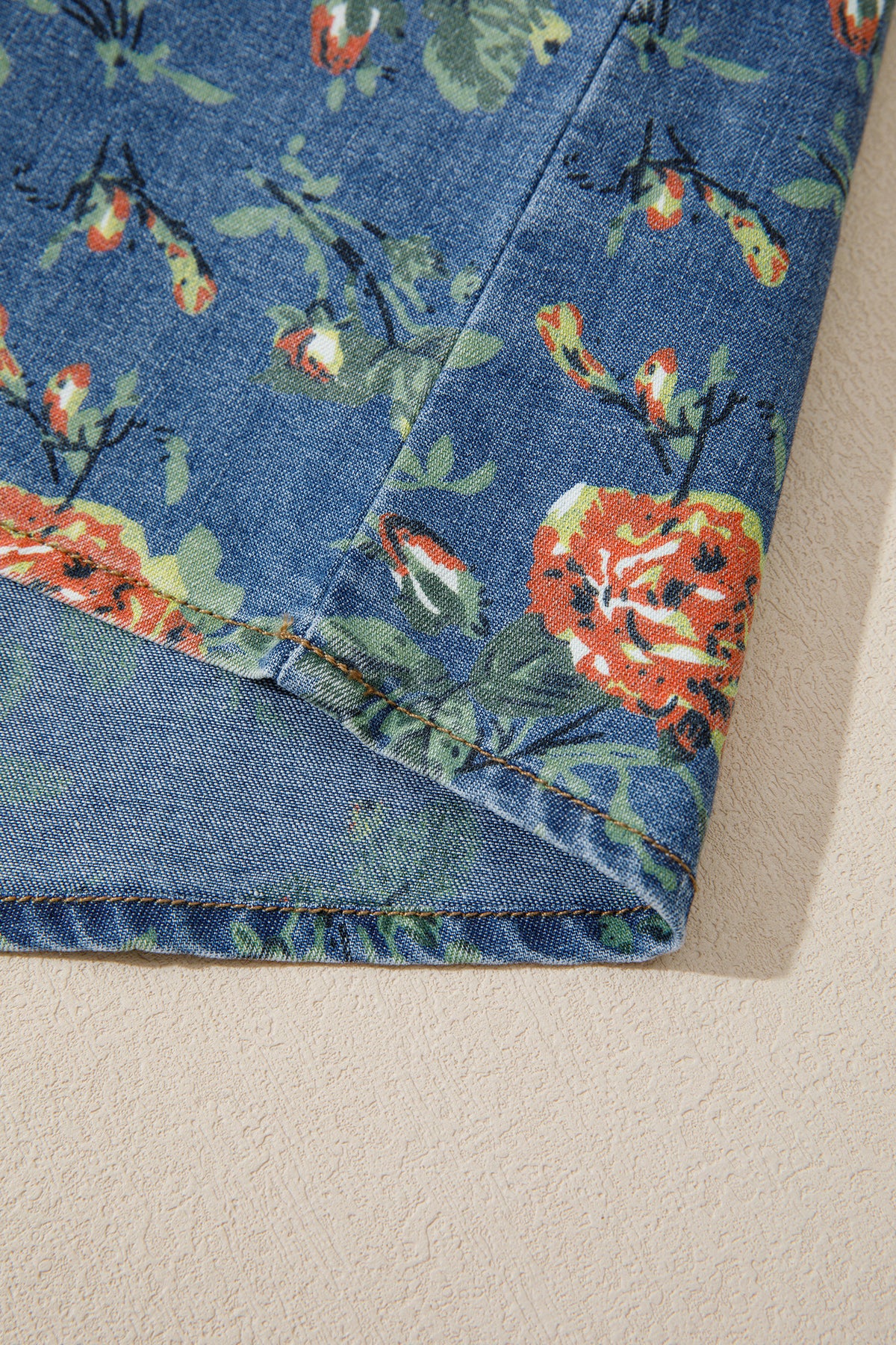 Lightweight Floral Denim Top with Ruffled Sleeves