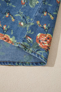 Lightweight Floral Denim Top with Ruffled Sleeves