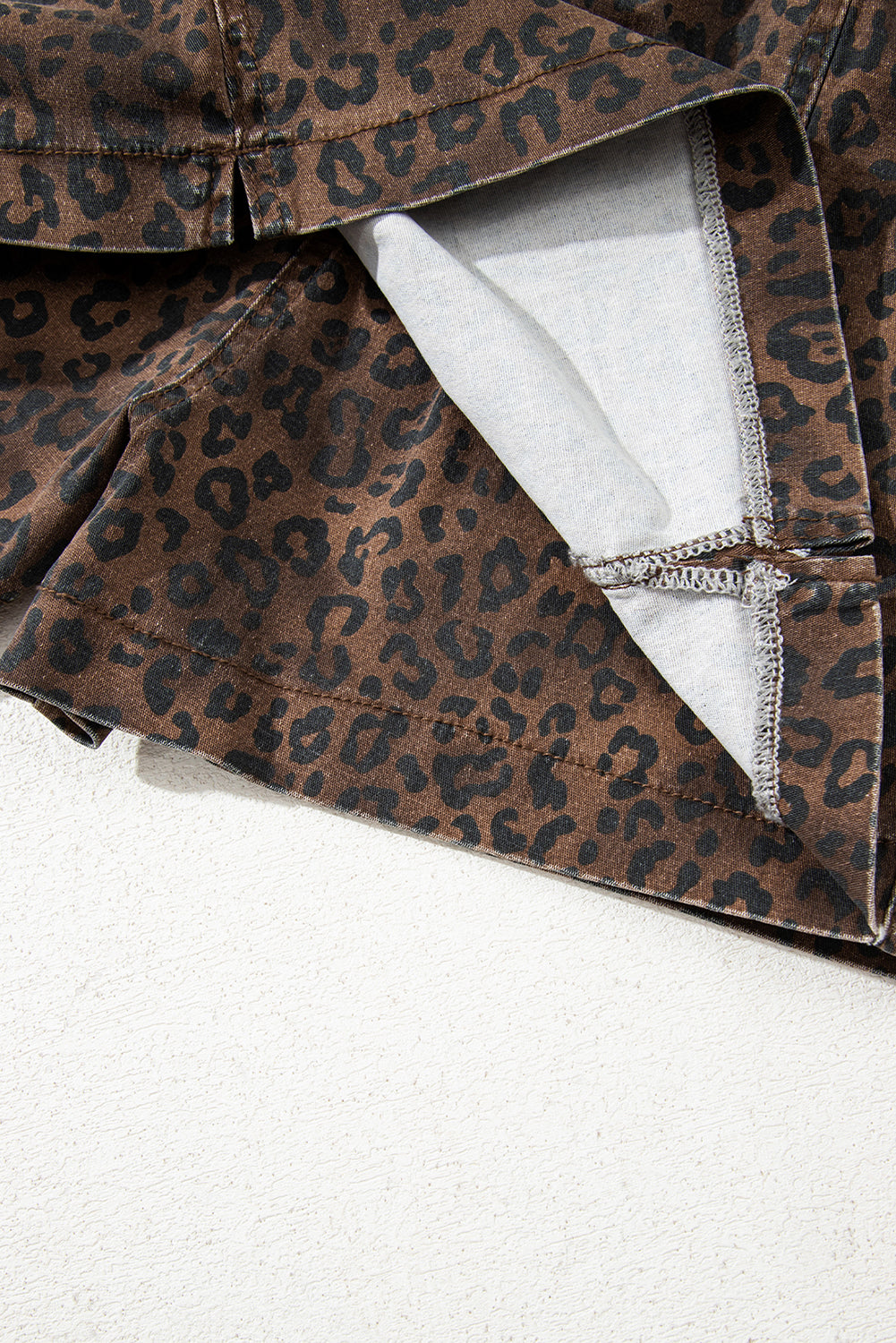 Leopard Print Drawsting Denim Skort with Front Pockets & Elastic Waistband