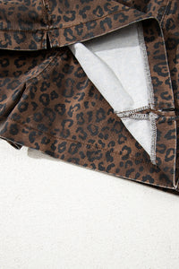 Leopard Print Drawsting Denim Skort with Front Pockets & Elastic Waistband