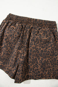 Leopard Print Drawsting Denim Skort with Front Pockets & Elastic Waistband