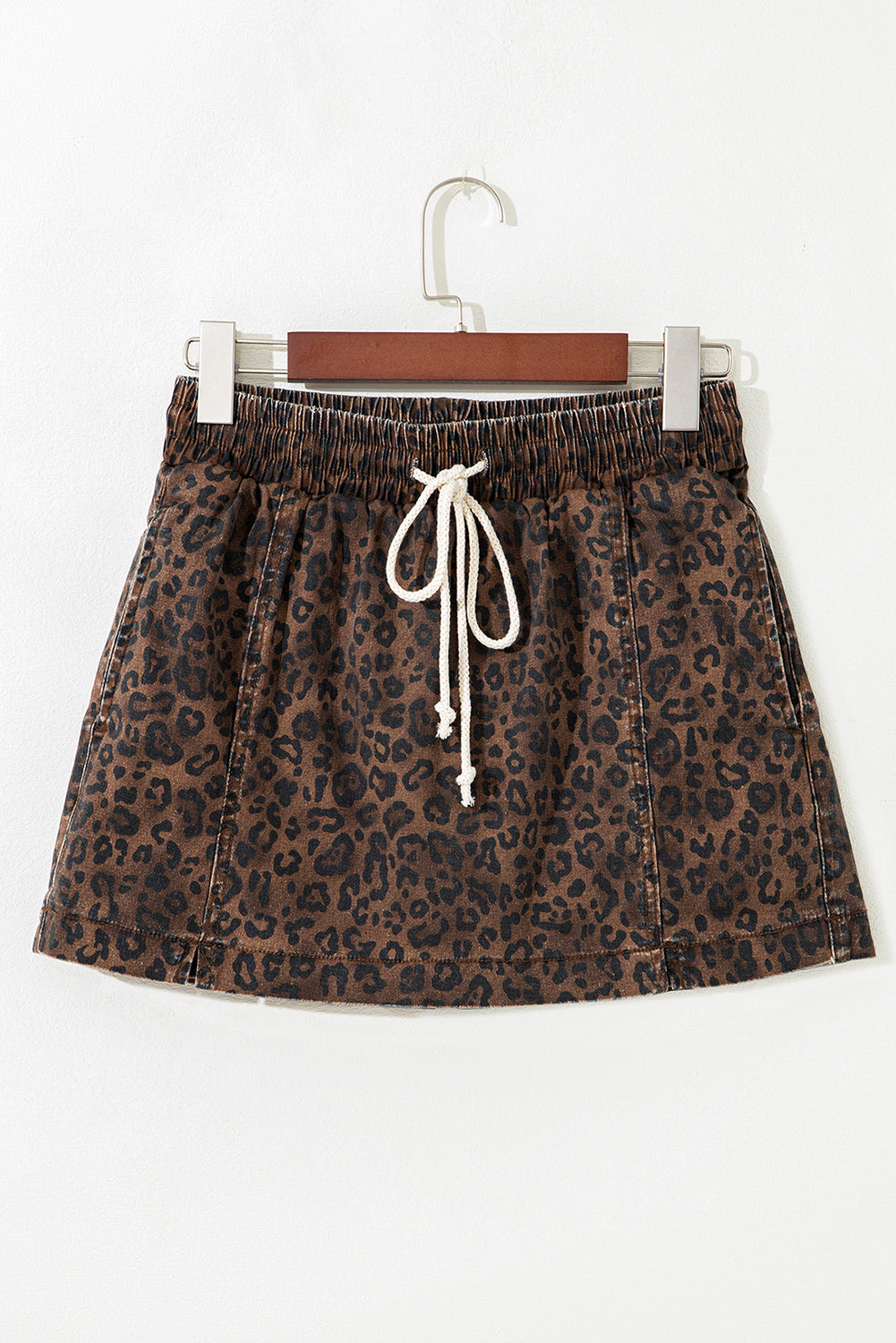 Leopard Print Drawsting Denim Skort with Front Pockets & Elastic Waistband