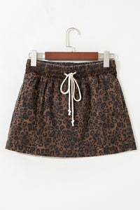 Leopard Print Drawsting Denim Skort with Front Pockets & Elastic Waistband