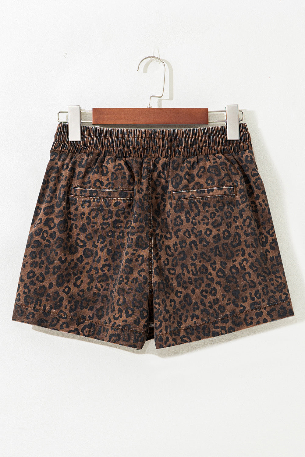 Leopard Print Drawsting Denim Skort with Front Pockets & Elastic Waistband