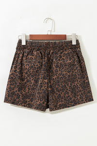 Leopard Print Drawsting Denim Skort with Front Pockets & Elastic Waistband