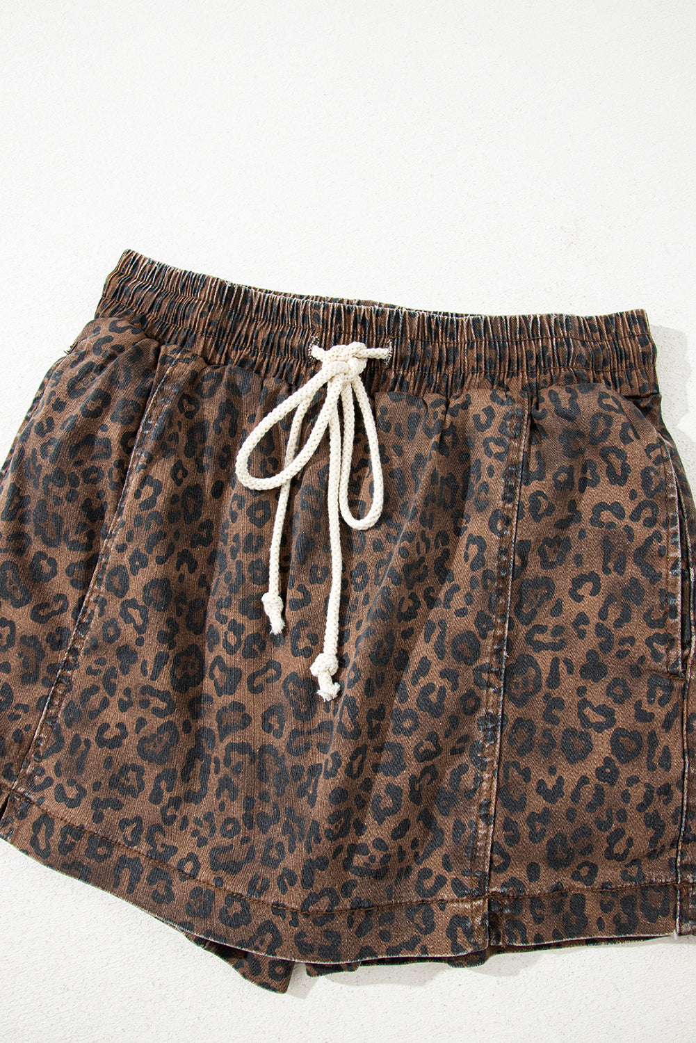 Leopard Print Drawsting Denim Skort with Front Pockets & Elastic Waistband