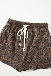 Leopard Print Drawsting Denim Skort with Front Pockets & Elastic Waistband