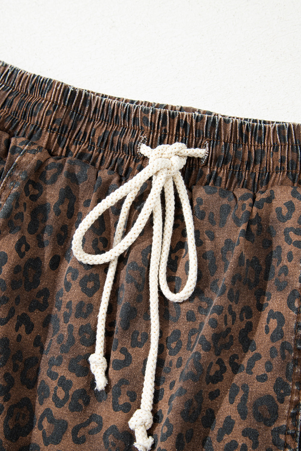 Leopard Print Drawsting Denim Skort with Front Pockets & Elastic Waistband