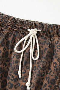 Leopard Print Drawsting Denim Skort with Front Pockets & Elastic Waistband