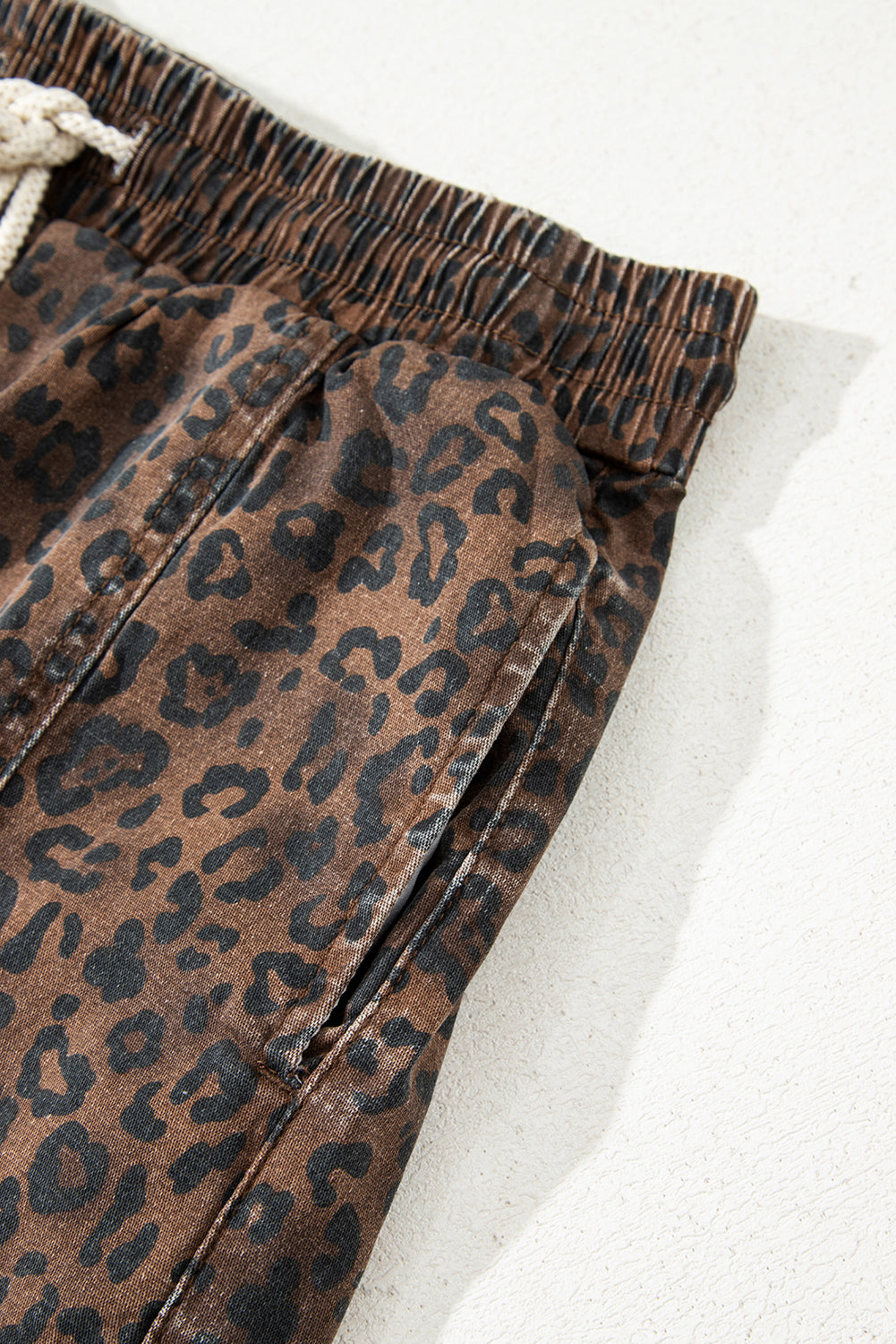 Leopard Print Drawsting Denim Skort with Front Pockets & Elastic Waistband