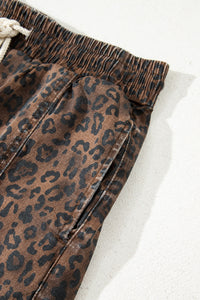 Leopard Print Drawsting Denim Skort with Front Pockets & Elastic Waistband