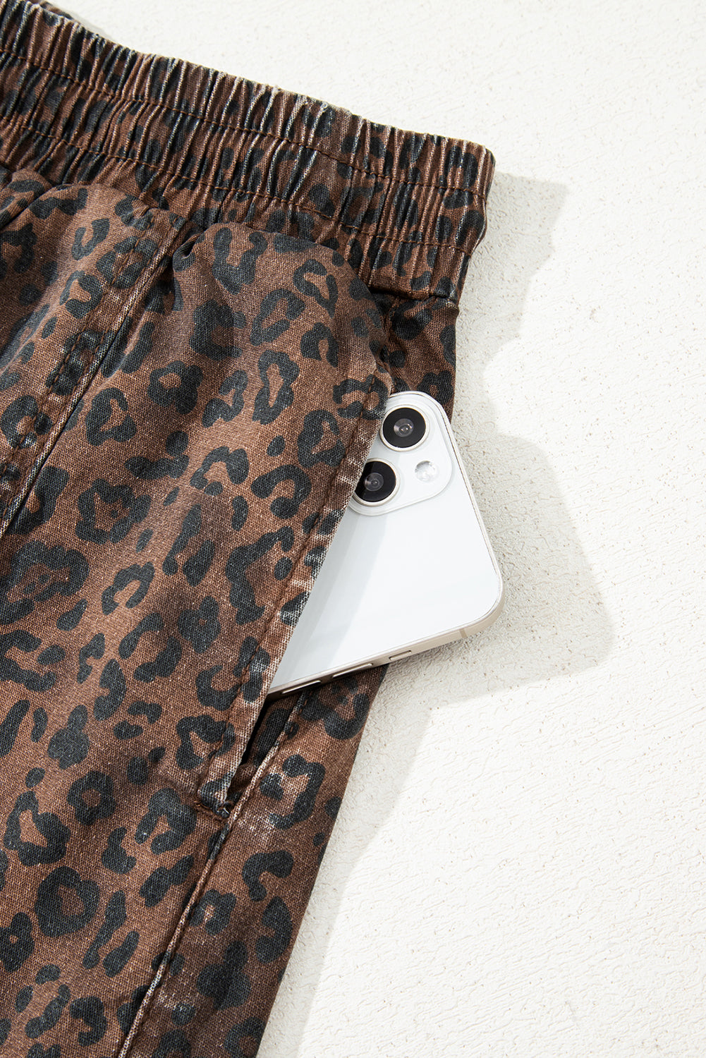 Leopard Print Drawsting Denim Skort with Front Pockets & Elastic Waistband