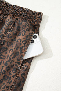 Leopard Print Drawsting Denim Skort with Front Pockets & Elastic Waistband