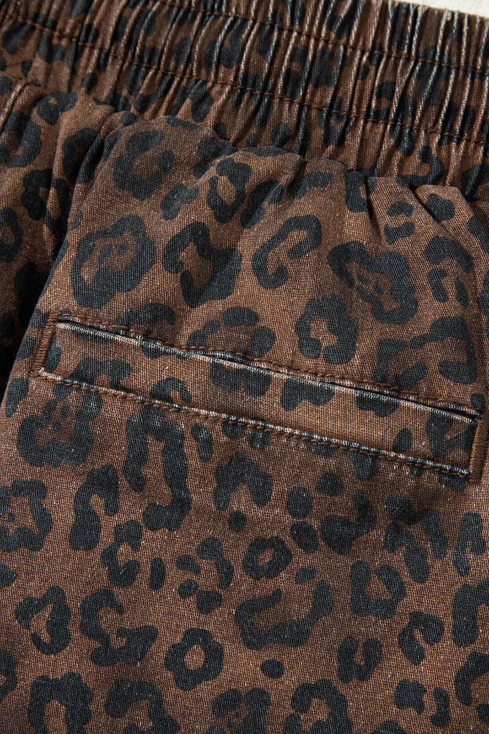Leopard Print Drawsting Denim Skort with Front Pockets & Elastic Waistband