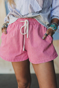 Pink & White Striped Drawstring Waist Denim Shorts w/Pockets