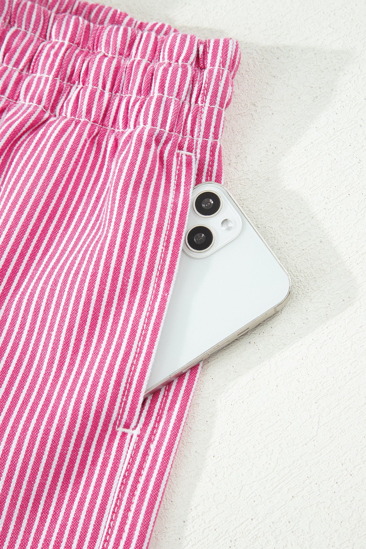 Pink & White Striped Drawstring Waist Denim Shorts w/Pockets
