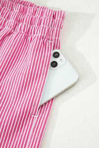 Pink & White Striped Drawstring Waist Denim Shorts w/Pockets