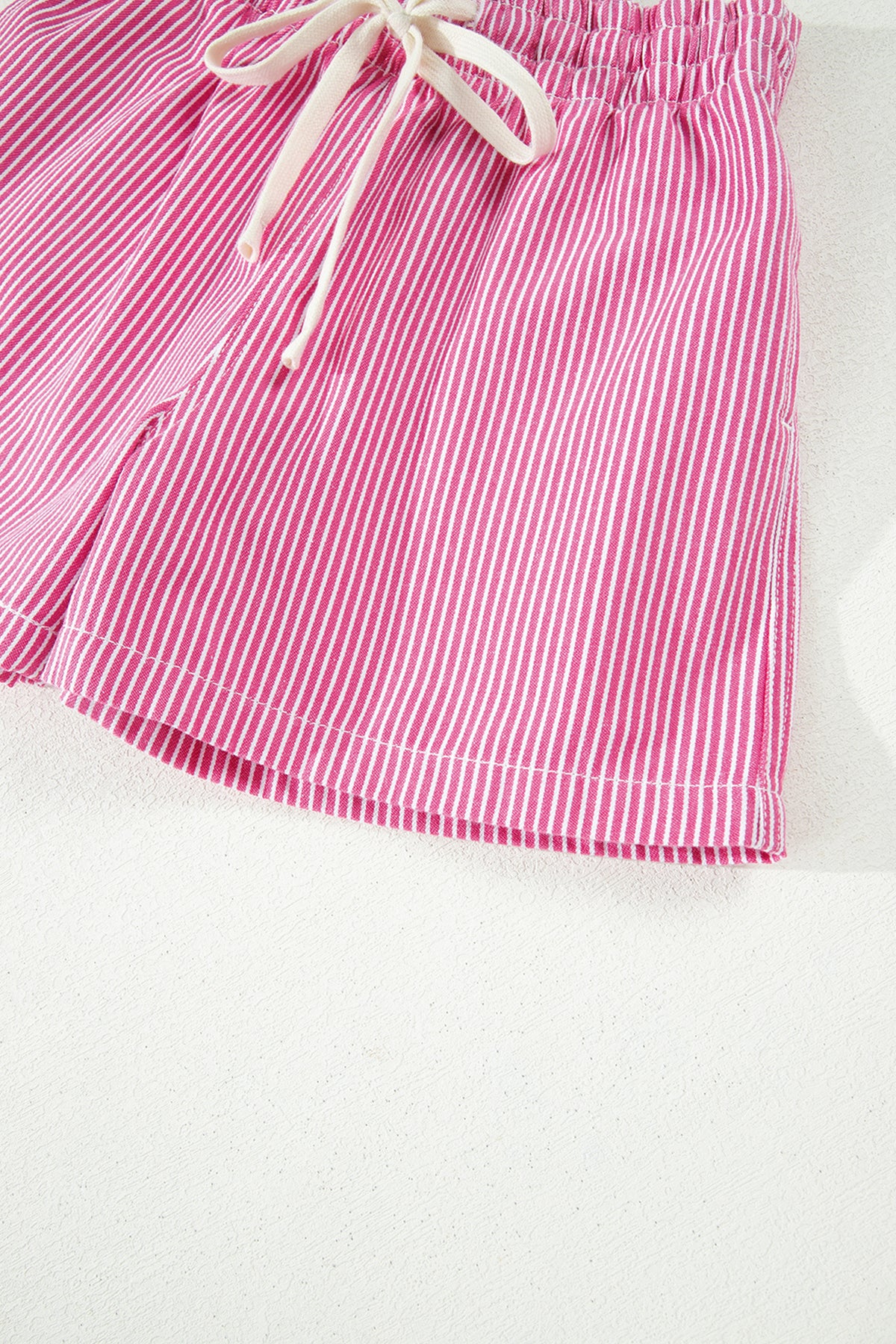 Pink & White Striped Drawstring Waist Denim Shorts w/Pockets