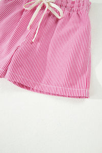 Pink & White Striped Drawstring Waist Denim Shorts w/Pockets
