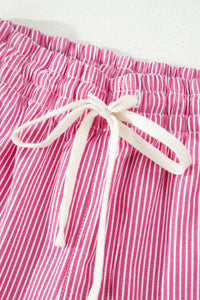 Pink & White Striped Drawstring Waist Denim Shorts w/Pockets