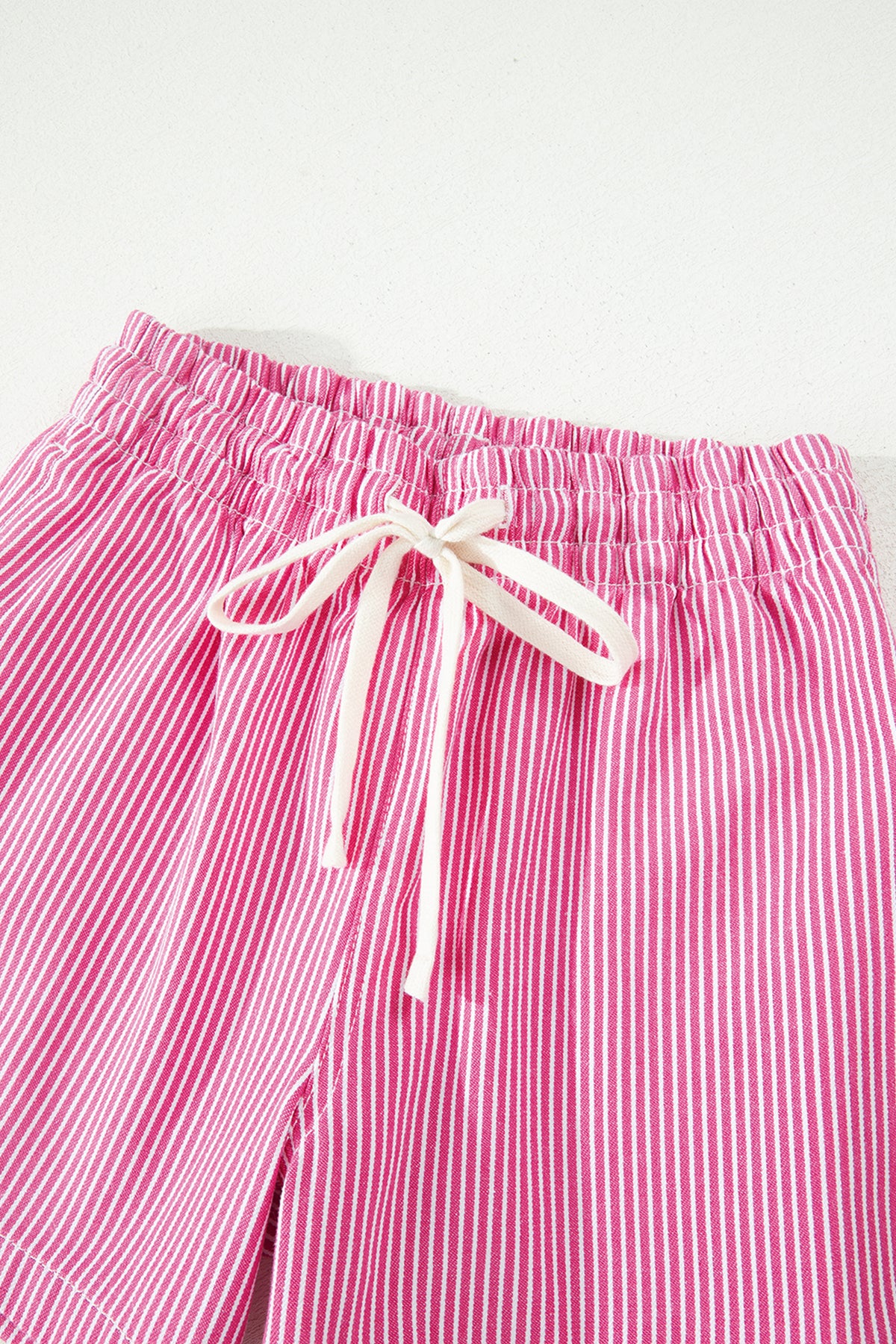 Pink & White Striped Drawstring Waist Denim Shorts w/Pockets