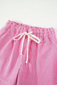 Pink & White Striped Drawstring Waist Denim Shorts w/Pockets