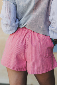 Pink & White Striped Drawstring Waist Denim Shorts w/Pockets
