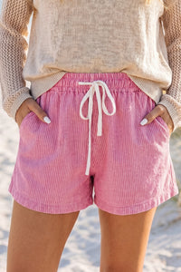 Pink & White Striped Drawstring Waist Denim Shorts w/Pockets