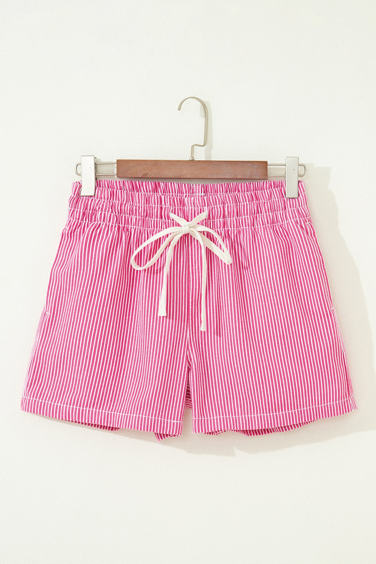 Pink & White Striped Drawstring Waist Denim Shorts w/Pockets