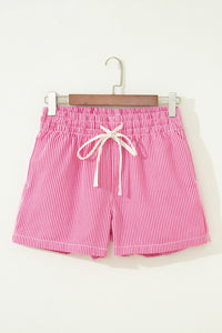 Pink & White Striped Drawstring Waist Denim Shorts w/Pockets