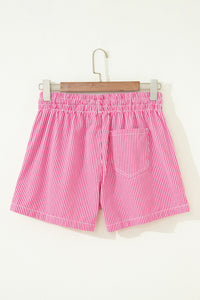 Pink & White Striped Drawstring Waist Denim Shorts w/Pockets