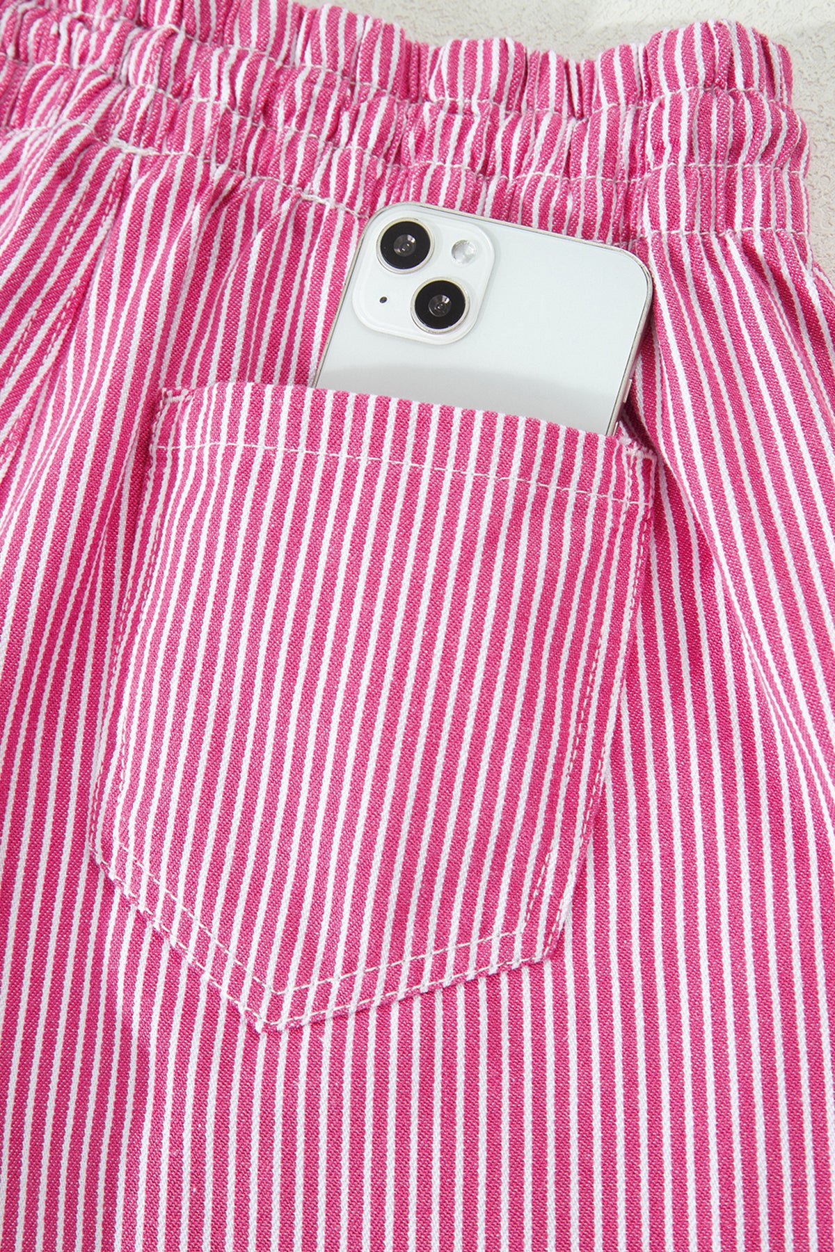Pink & White Striped Drawstring Waist Denim Shorts w/Pockets