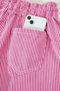 Pink & White Striped Drawstring Waist Denim Shorts w/Pockets