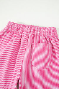 Pink & White Striped Drawstring Waist Denim Shorts w/Pockets