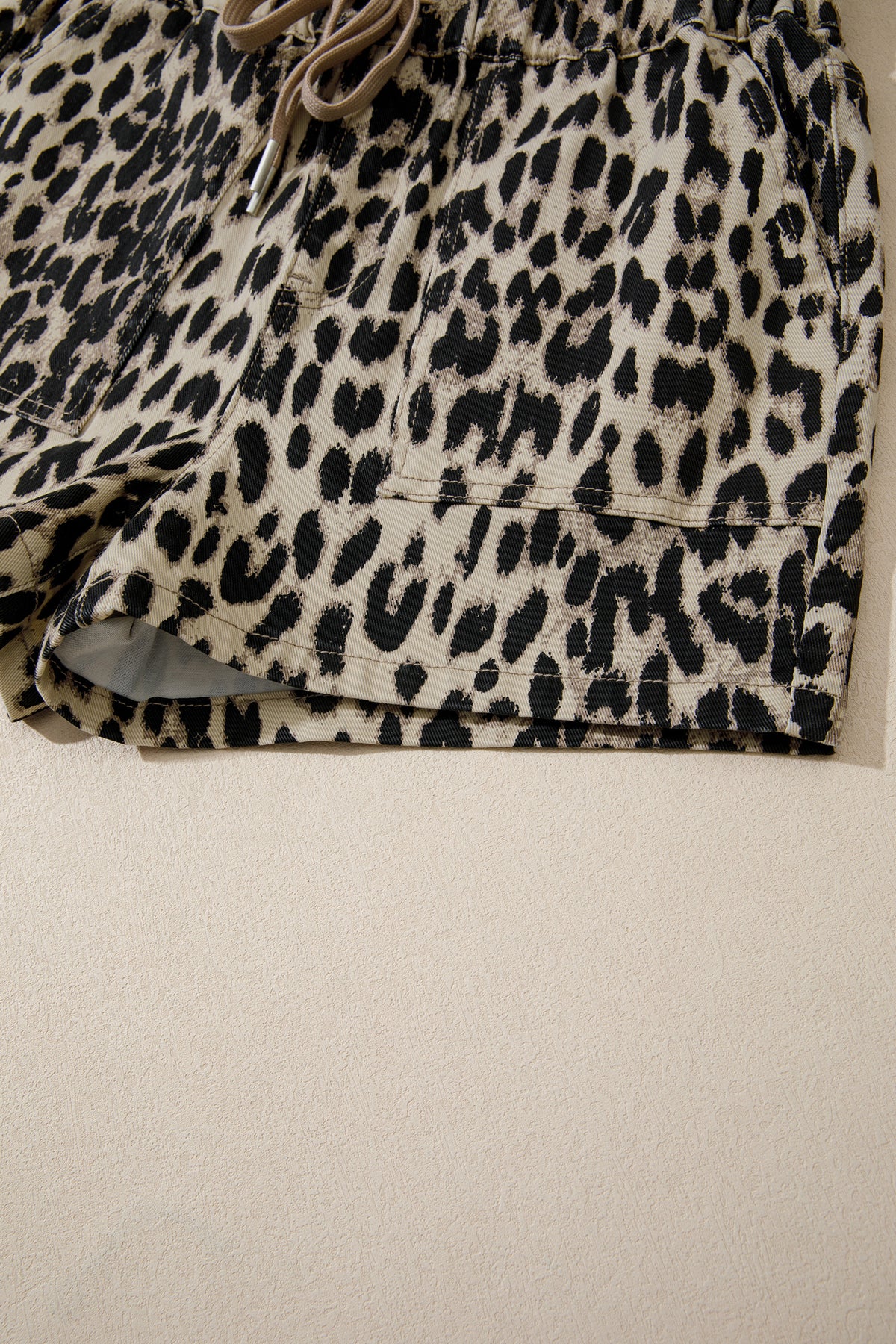 Leopard Print Drawstring Waistband Mid-Rise Denim Shorts