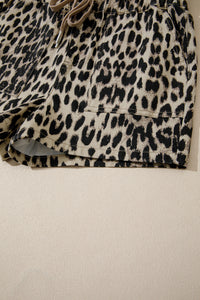 Leopard Print Drawstring Waistband Mid-Rise Denim Shorts