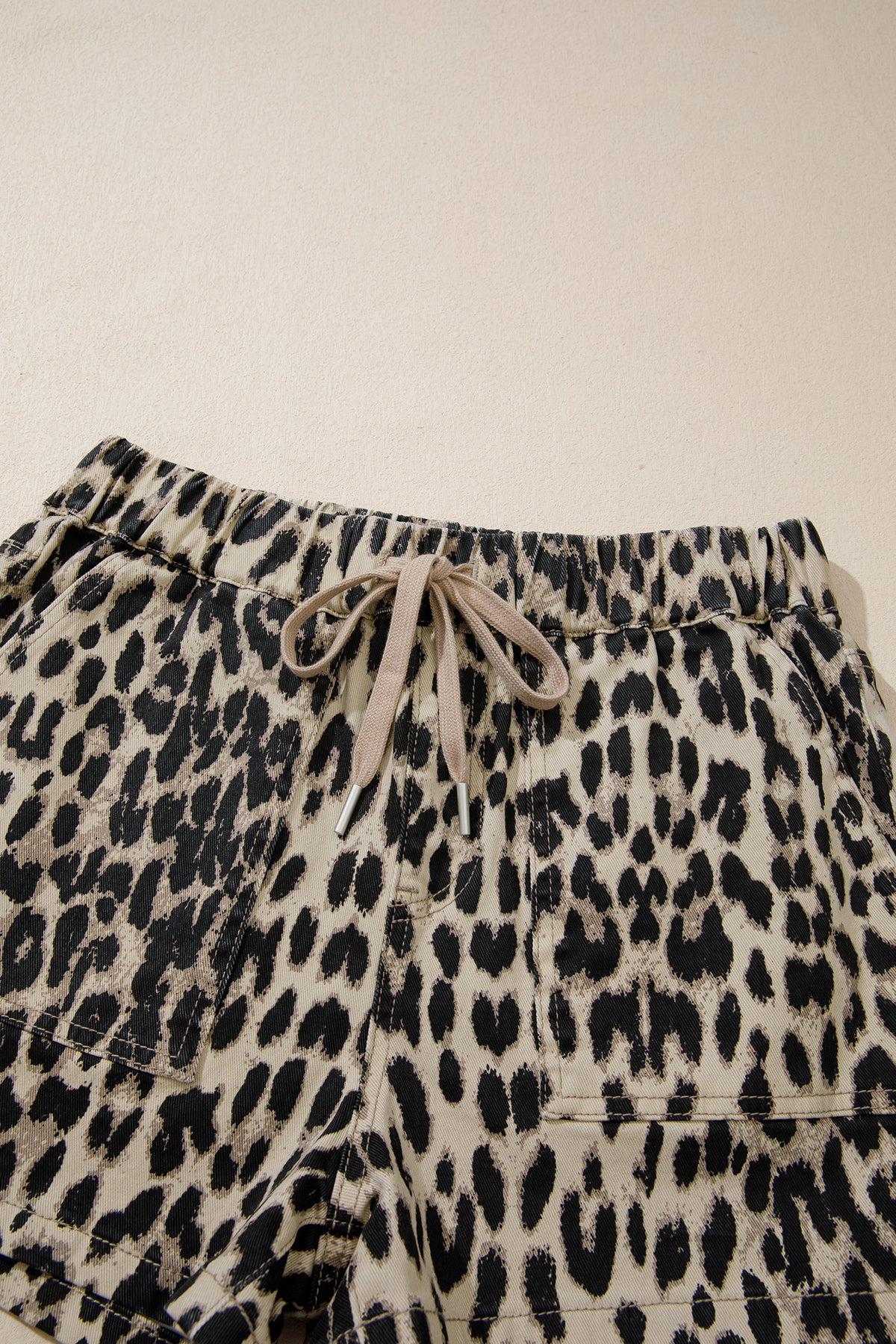 Leopard Print Drawstring Waistband Mid-Rise Denim Shorts
